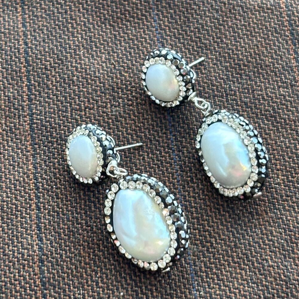 NEW JTV Cultured Freshwater Pearl Diamond Simulant Sterling Dangle Earrings 1.5"